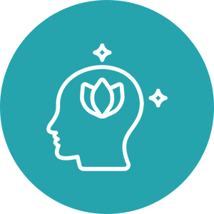 Head with lotus and sparkles, teal background.