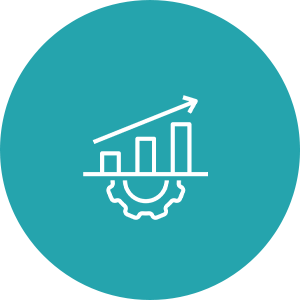 Bar chart with upward arrow and gear.