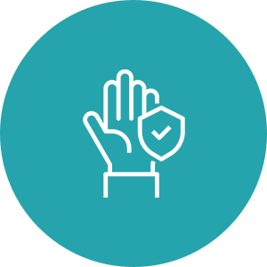Hand icon with shield on teal background.