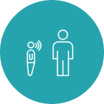 Two stick figures, one speaking, on teal.