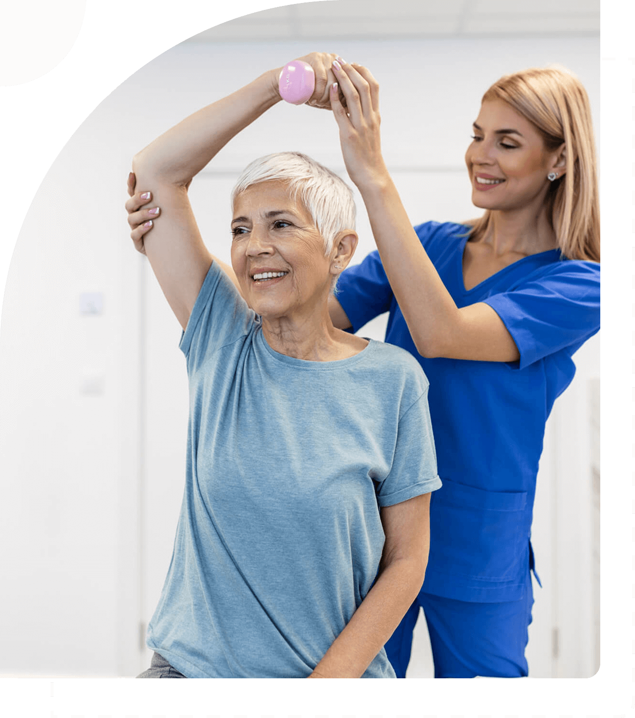 Woman exercising with assistance in therapy session.