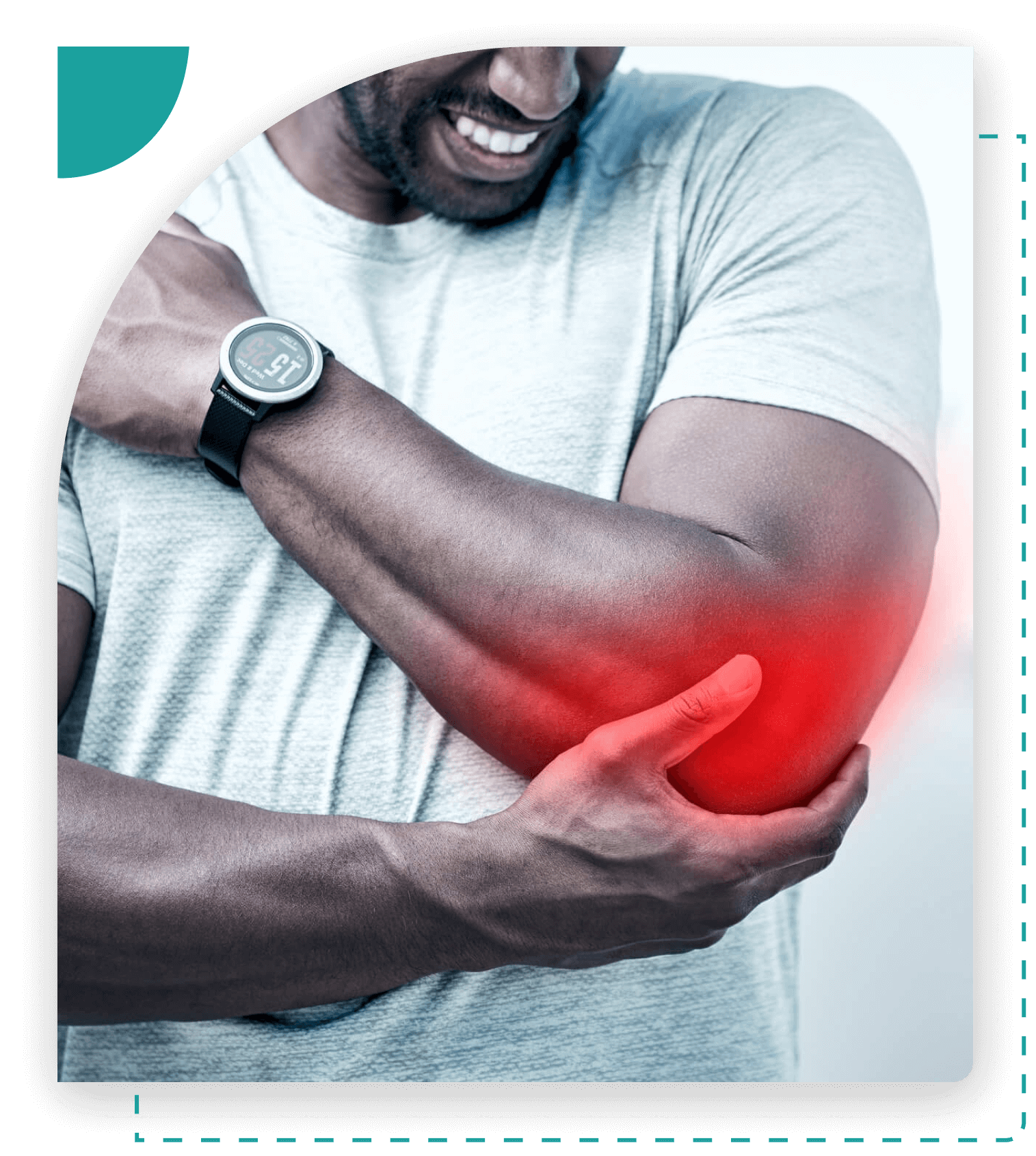Man holding elbow, experiencing pain.