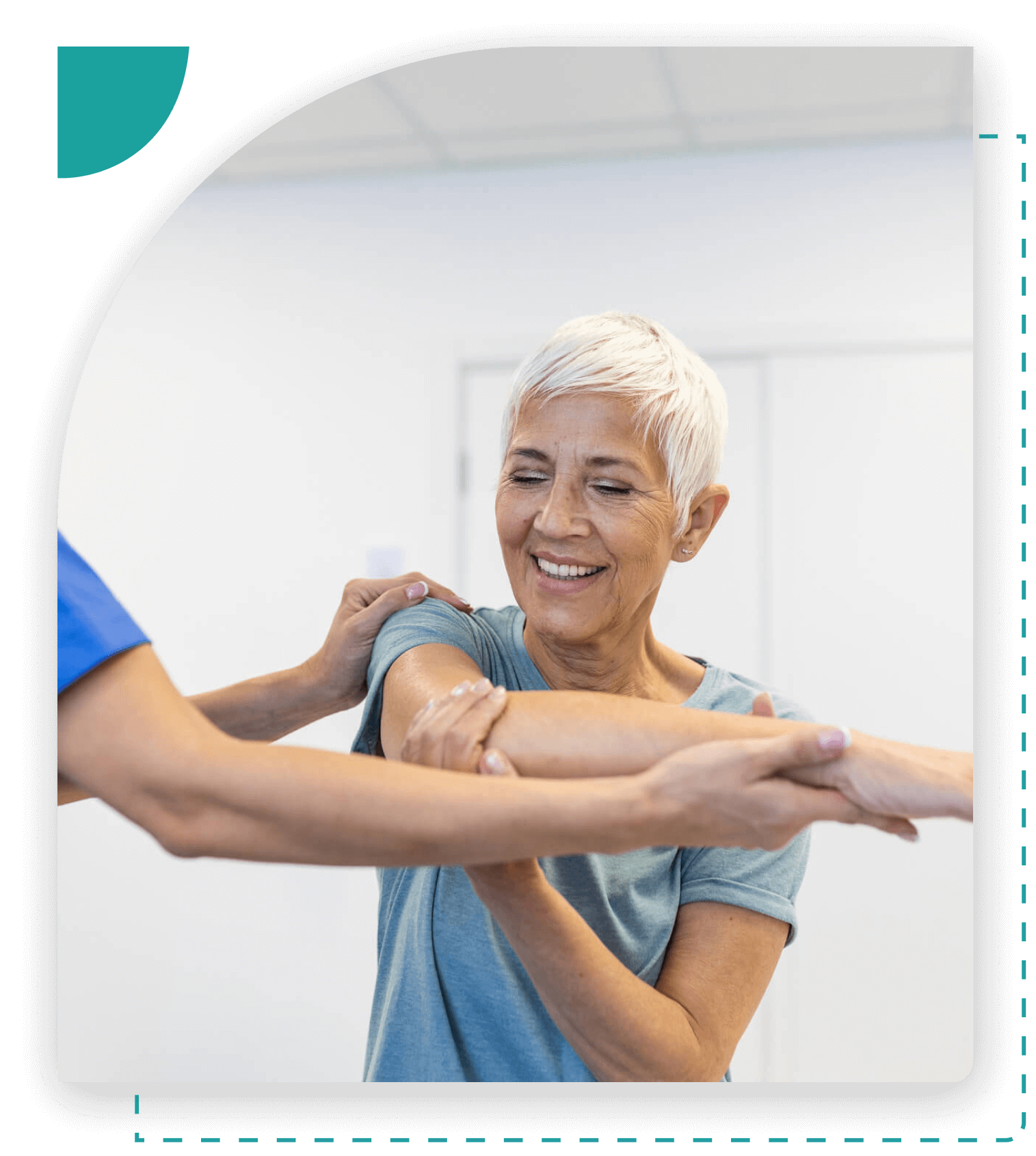 Older woman doing physical therapy exercises.