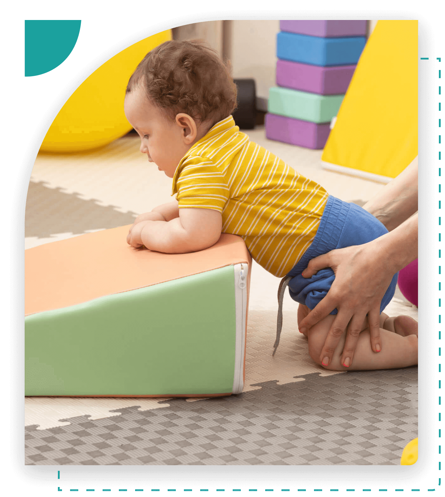 Baby climbing foam wedge with assistance.