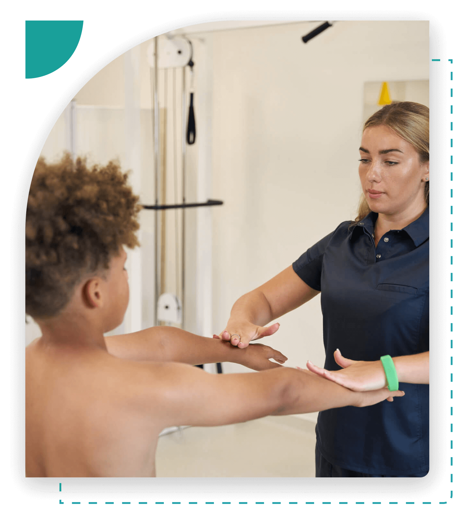 Child receiving physical therapy from therapist.